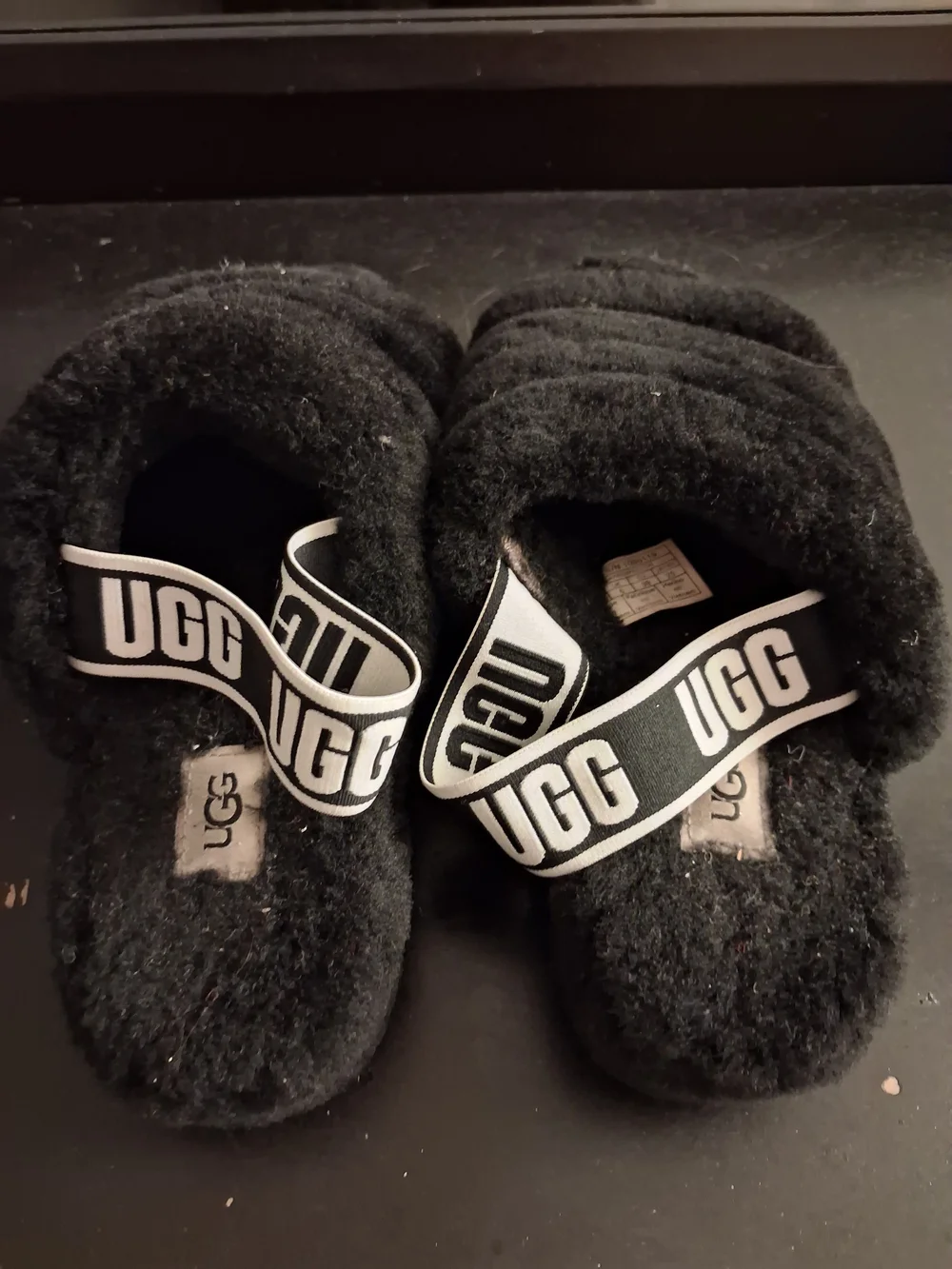UGG Kids Black Fuzz Sandals with Branded Strap